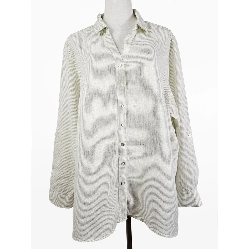 Tahari 2XL Linen White Olive Lagenlook Button Down - Picture 1 of 7